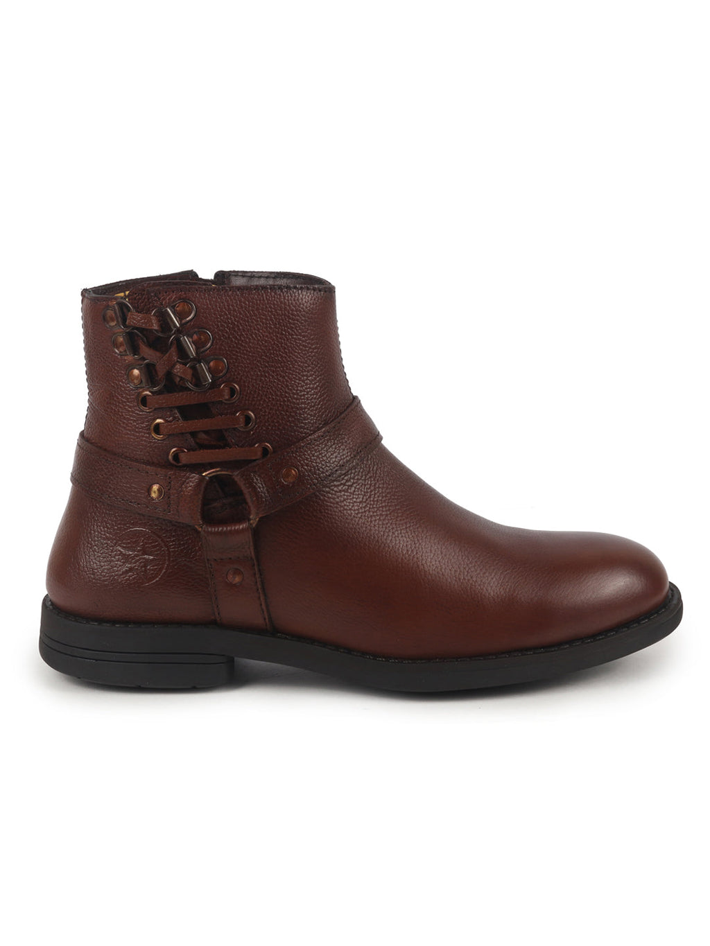 Men Tan High Ankle Genuine Leather 3-Eye Side Lace Strap Chelsea Boots
