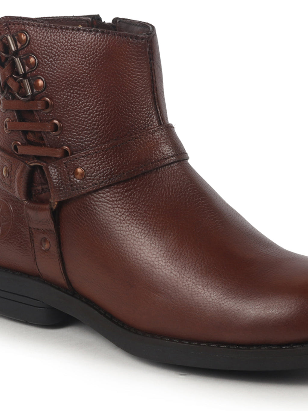Men Tan High Ankle Genuine Leather 3-Eye Side Lace Strap Chelsea Boots