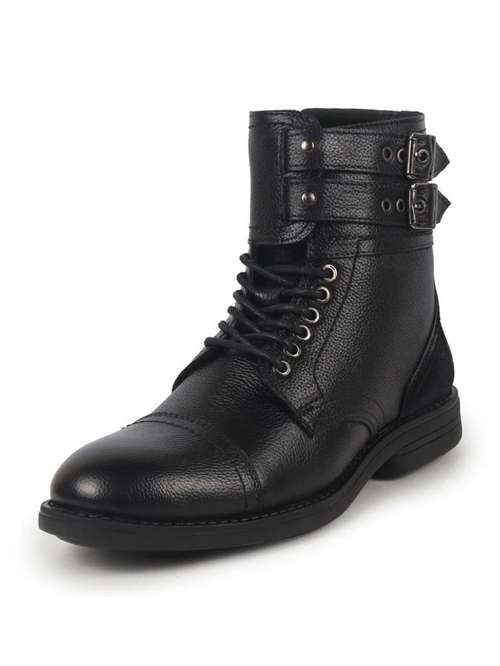 Men Black 6-Eye Lace Up Genuine Leather High Ankle Adjustable Buckle Strap Winter Boots|Trekking Boots|Hiking Boots