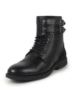 Men Black 6-Eye Lace Up Genuine Leather High Ankle Adjustable Buckle Strap Winter Boots|Trekking Boots|Hiking Boots