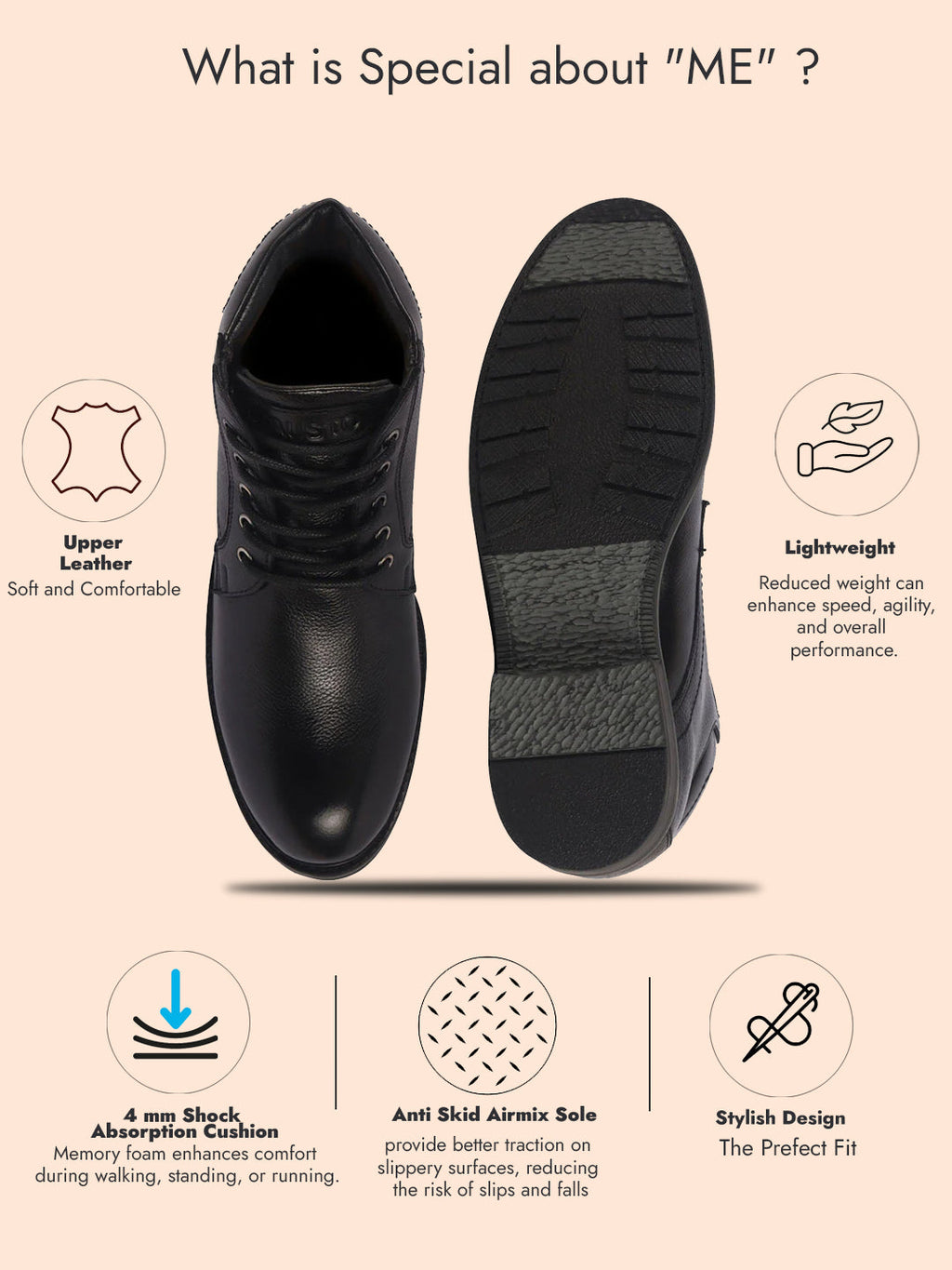 Men Black Genuine Leather 5-Eye Lace Up Boots for Trekking and Hiking|High Ankle Boots|Anti Skid Sole