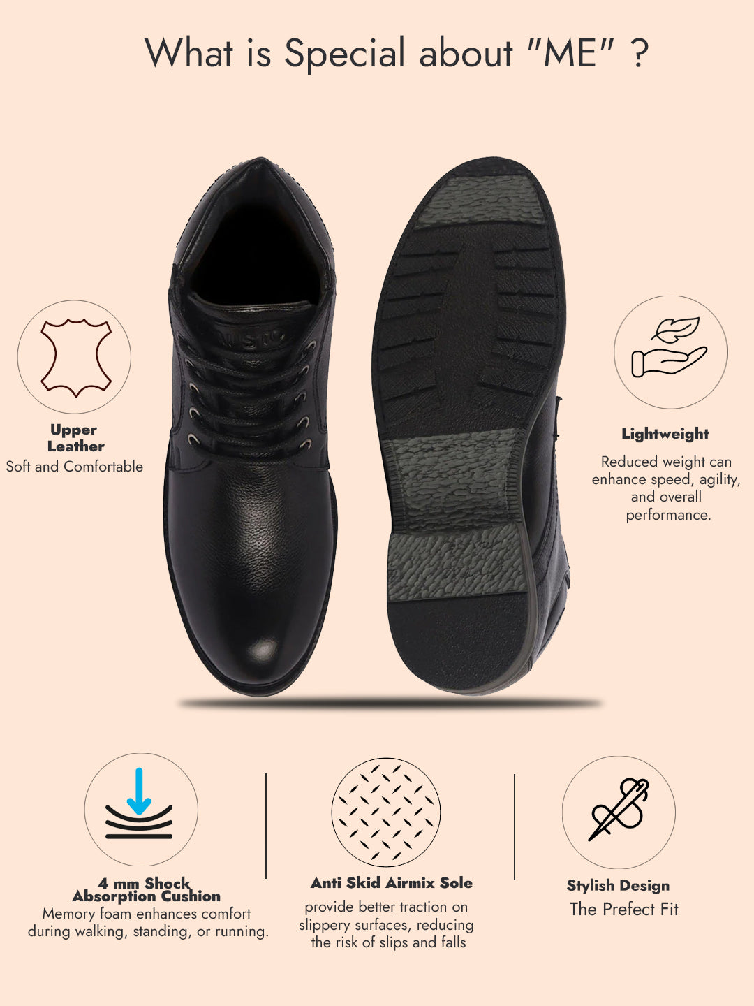 Men Black Genuine Leather 5-Eye Lace Up Boots for Trekking and Hiking|High Ankle Boots|Anti Skid Sole