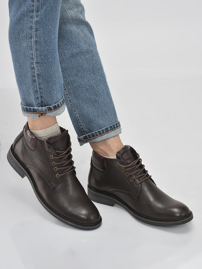 men brown genuine leather 5-eye lace up boots for trekking and hiking|high ankle boots|anti skid sole