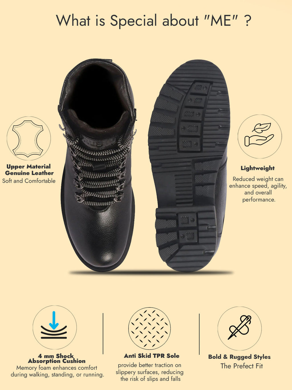 Men Black Genuine Leather 5-Hook Lace Up Boots for Trekking and Hiking