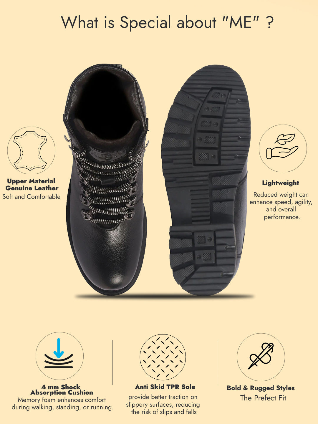 Men Black Genuine Leather 5-Hook Lace Up Boots for Trekking and Hiking