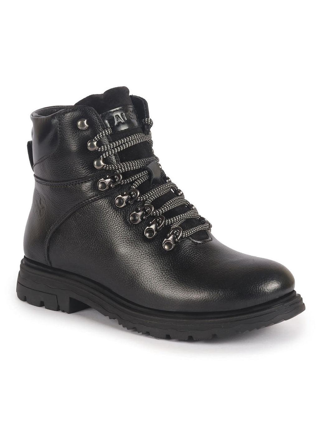 Men Black Genuine Leather 5-Hook Lace Up Boots for Trekking and Hiking