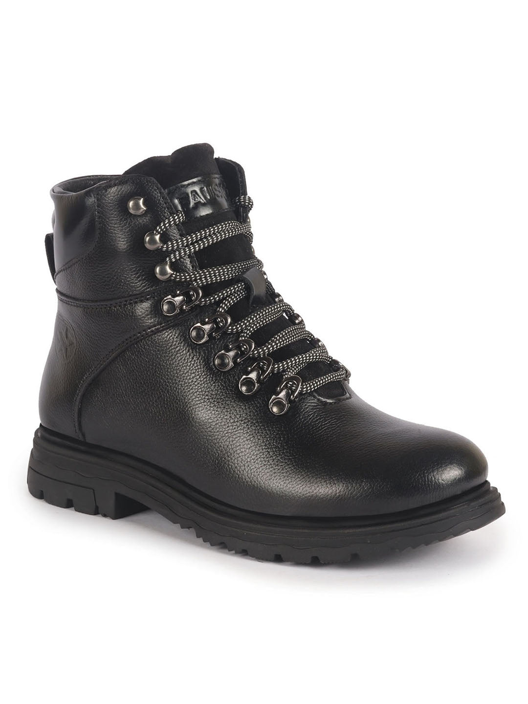 Men Black Genuine Leather 5-Hook Lace Up Boots for Trekking and Hiking