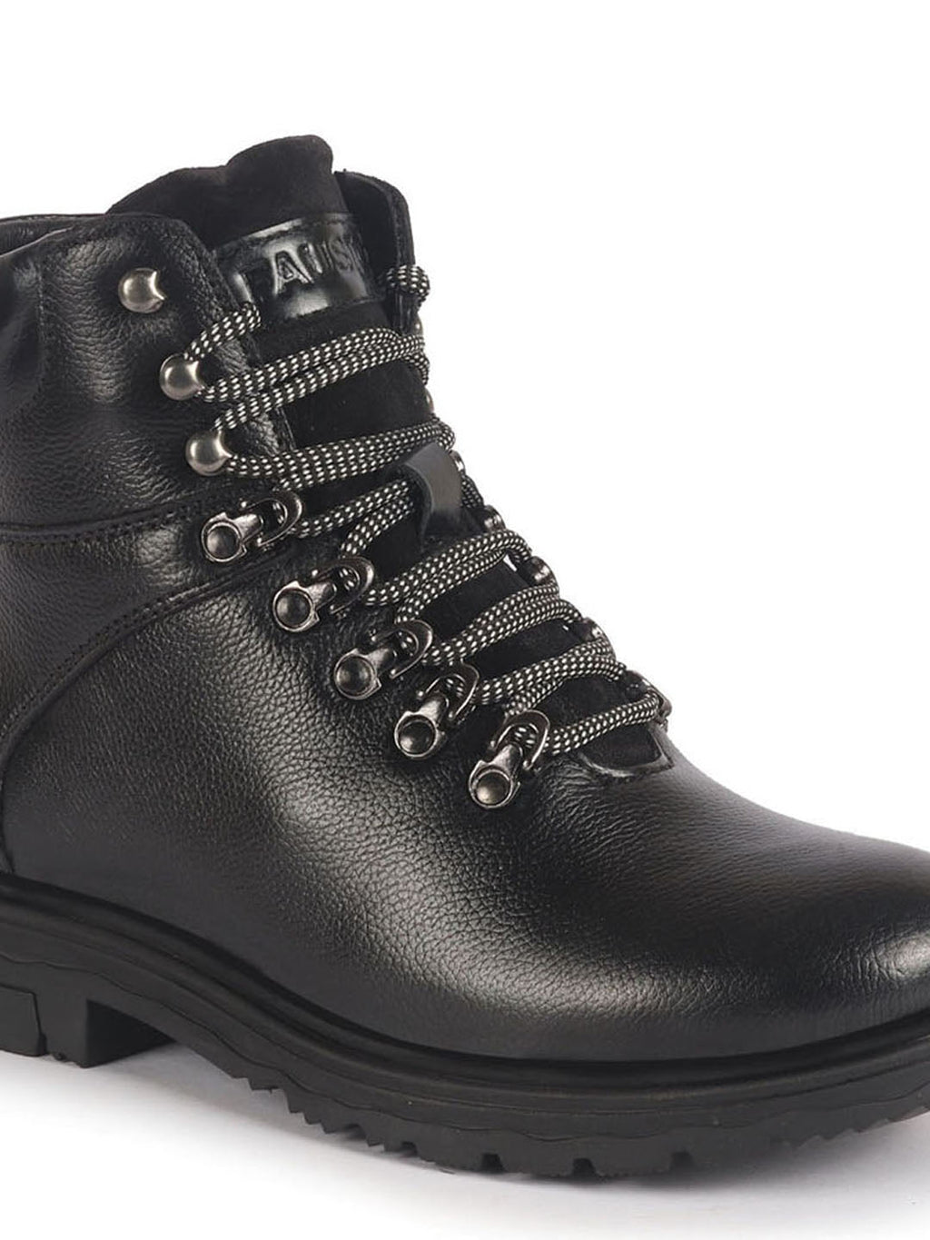 Men Black Genuine Leather 5-Hook Lace Up Boots for Trekking and Hiking