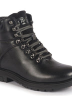 Men Black Genuine Leather 5-Hook Lace Up Boots for Trekking and Hiking