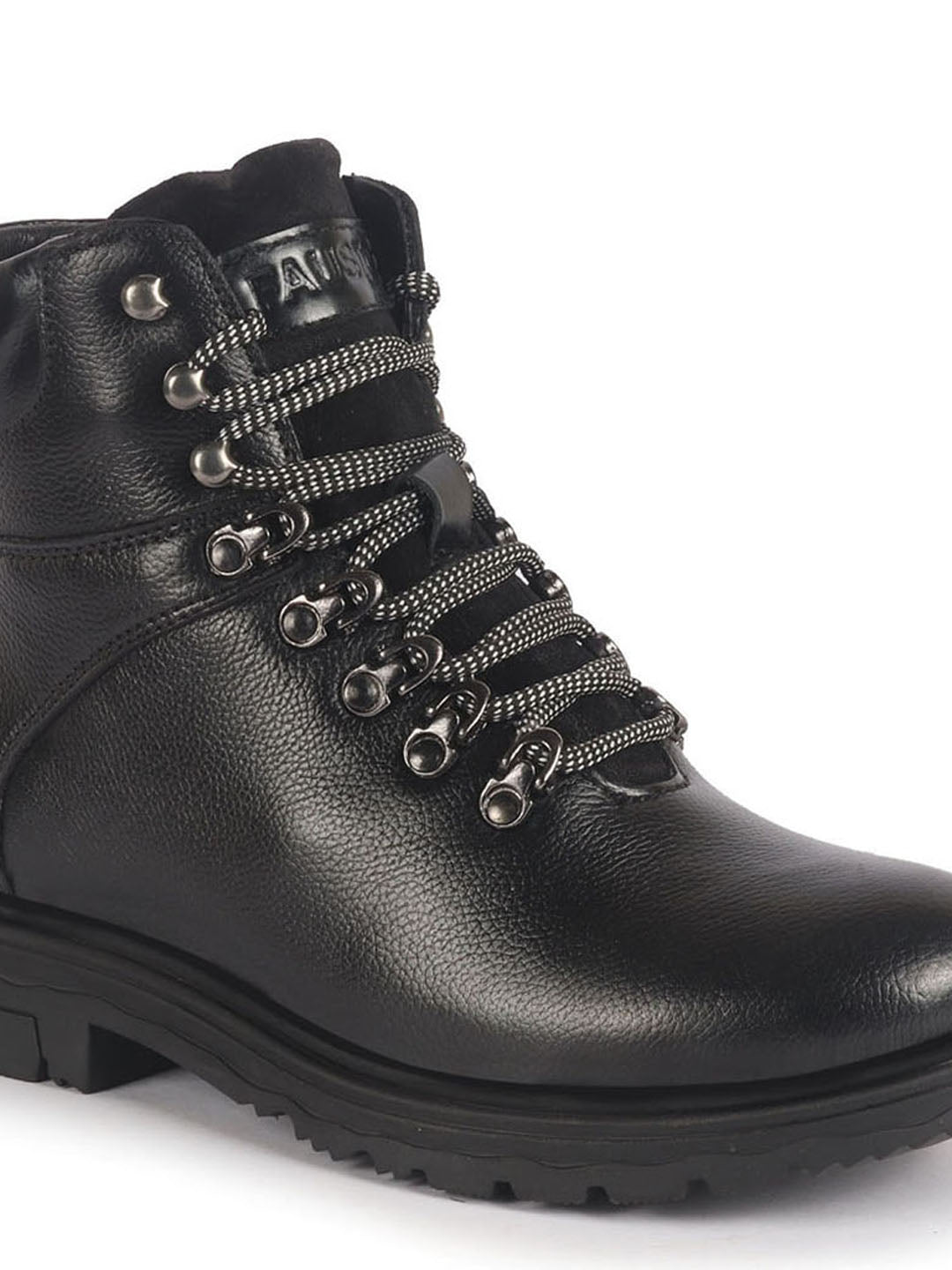 Men Black Genuine Leather 5-Hook Lace Up Boots for Trekking and Hiking
