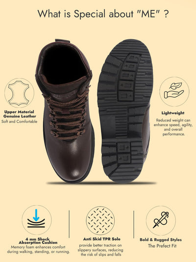 Men Brown Genuine Leather 5-Hook Lace Up Boots for Trekking and Hiking|High Ankle Boots|Anti Skid Sole