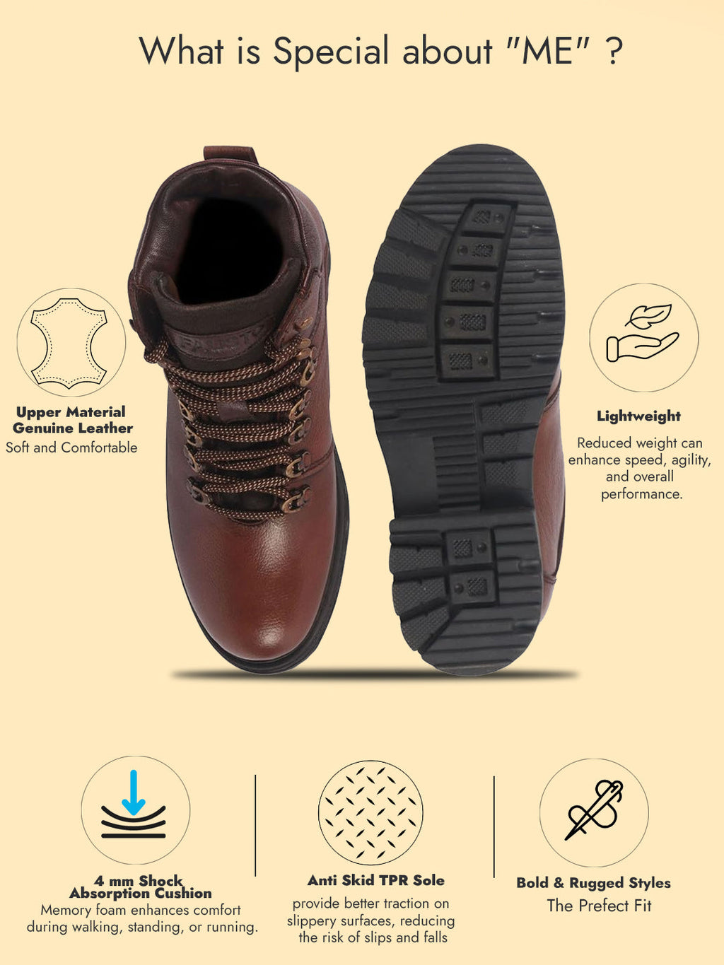 men tan genuine leather 5-hook lace up boots for trekking and hiking