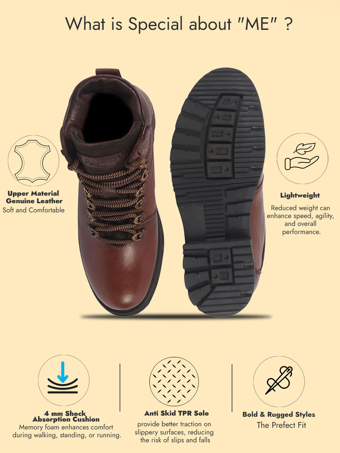 men tan genuine leather 5-hook lace up boots for trekking and hiking