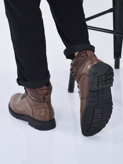 men tan genuine leather 5-hook lace up boots for trekking and hiking|high ankle boots|anti skid sole