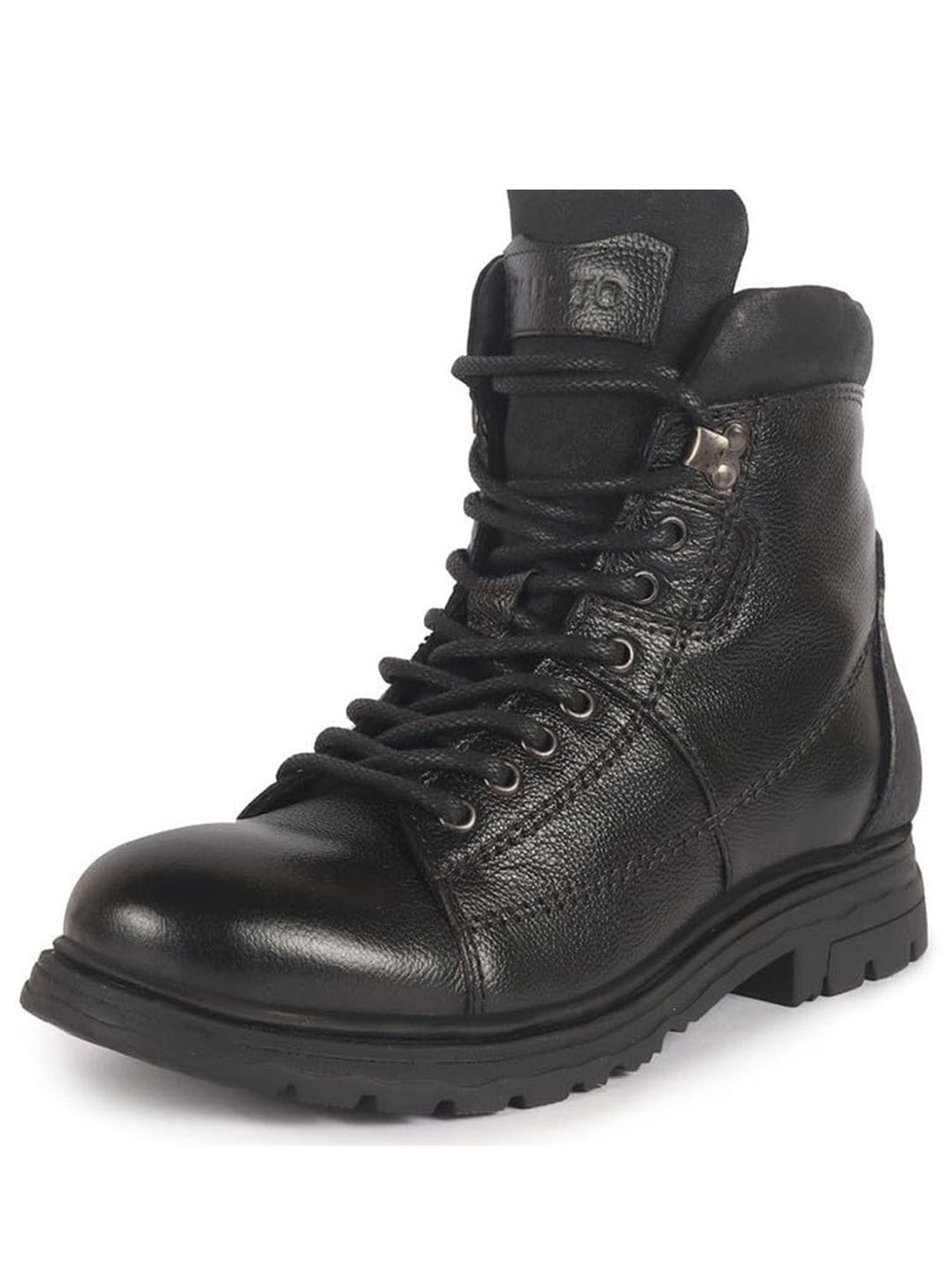 Men Black Genuine Leather 7-Eye Lace Up Biking Boots with Memory Cushion Footbed|Slip Resistant Boots|Mid Top Boots