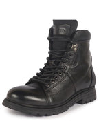 Men Black Genuine Leather 7-Eye Lace Up Biking Boots with Memory Cushion Footbed|Slip Resistant Boots|Mid Top Boots