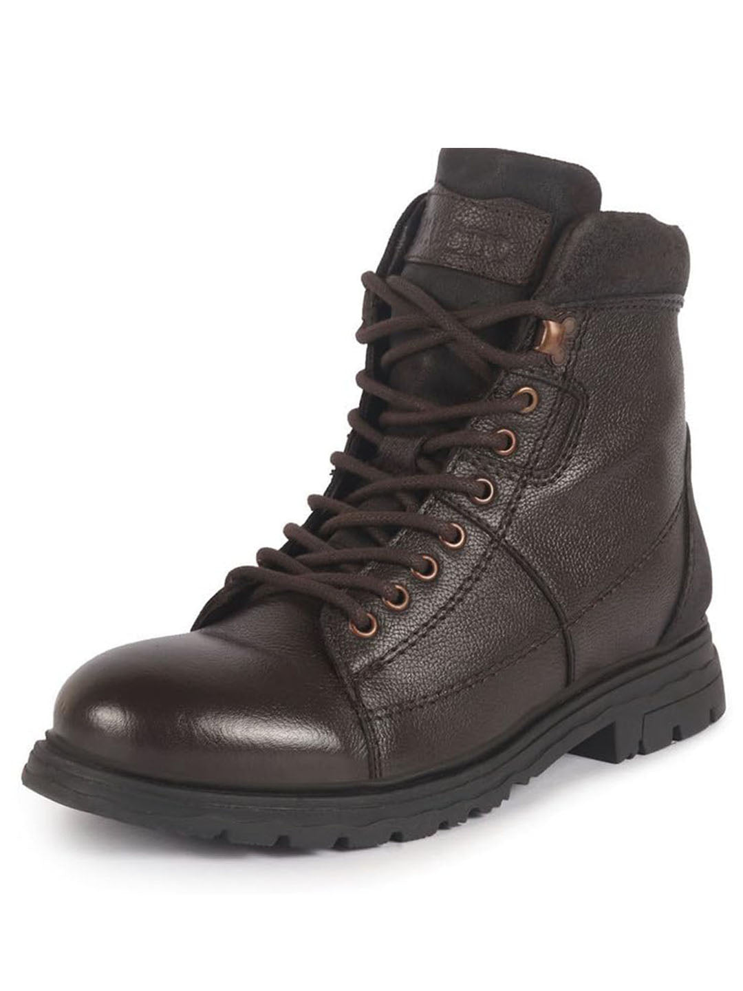 Men Brown Genuine Leather 7-Eye Lace Up Biking Boots with Memory Cushion Footbed|Slip Resistant Boots|Mid Top Boots
