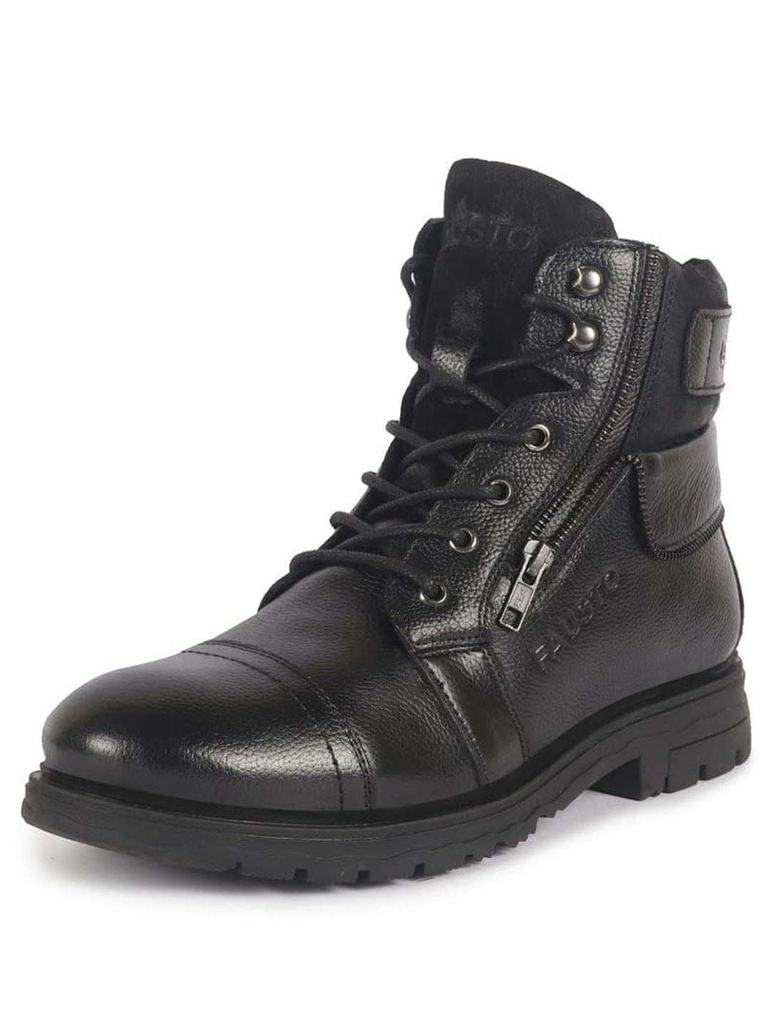 Men Black Genuine Leather 4-Eye Lace Up High Ankle Side Zipper Stylish Cap Toe Boots for Biking|Hiking|Trekking|Non Skid Boots