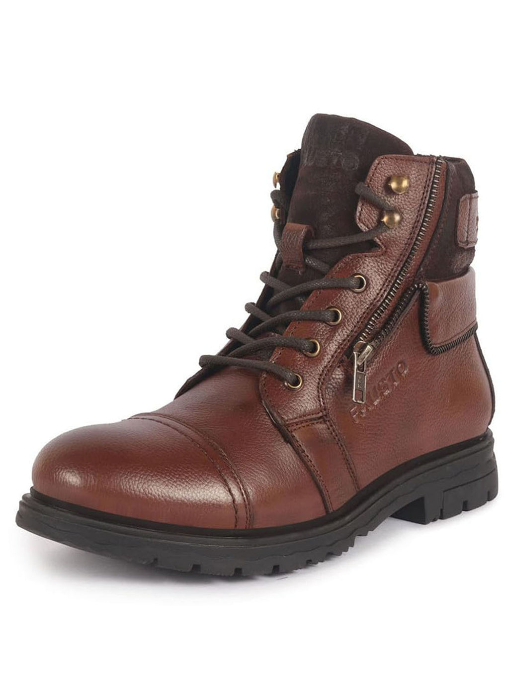 men tan genuine leather 4-eye lace up high ankle side zipper stylish cap toe boots for biking