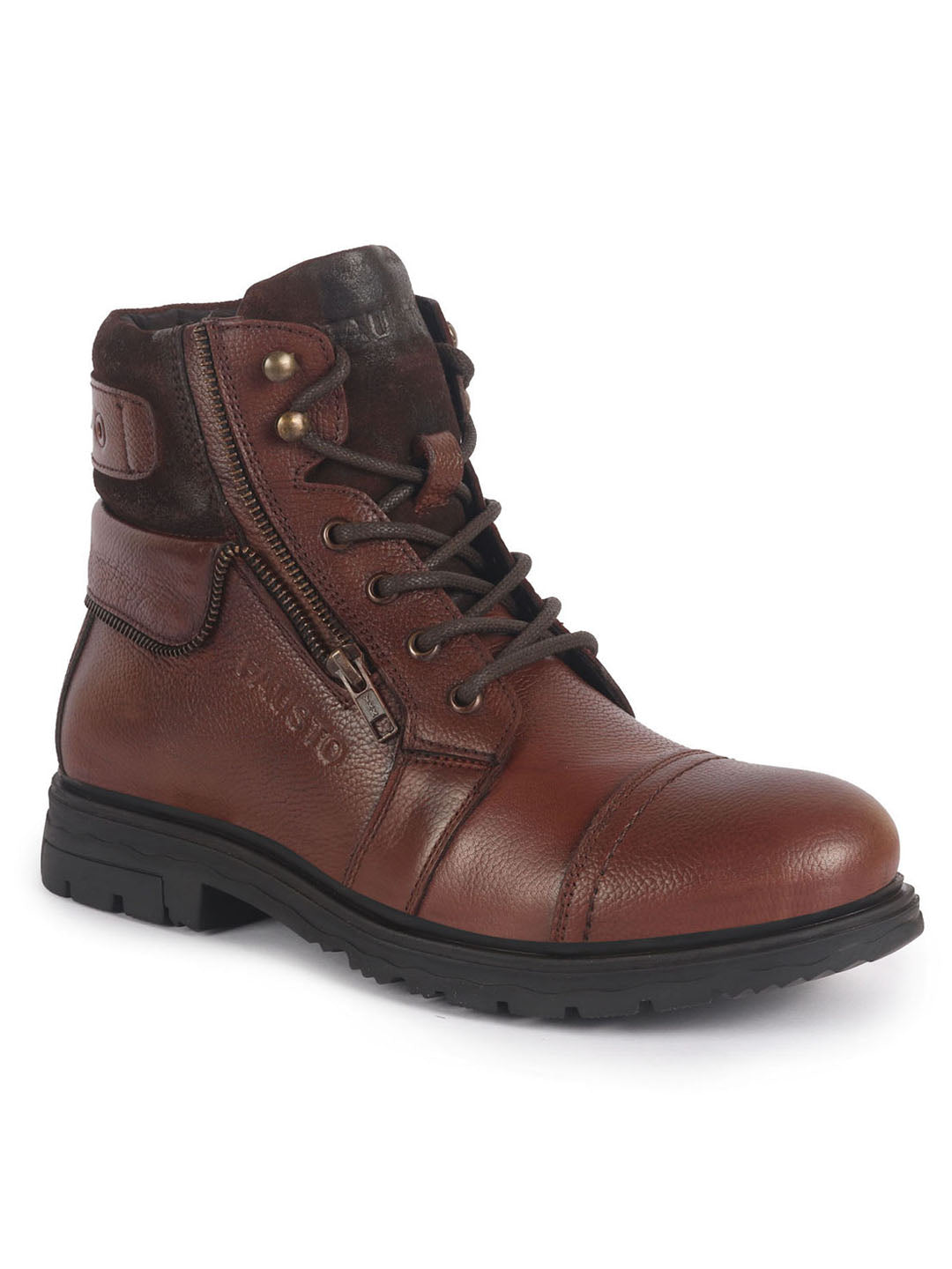 Men Tan Genuine Leather 4-Eye Lace Up High Ankle Side Zipper Stylish Cap Toe Boots for Biking