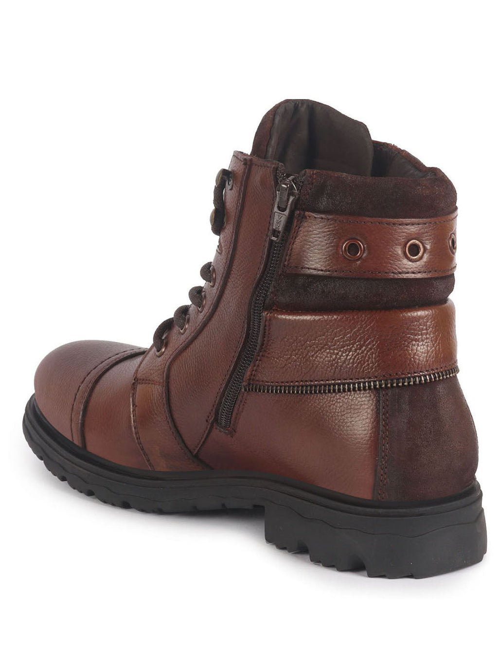 Men Tan Genuine Leather 4-Eye Lace Up High Ankle Side Zipper Stylish Cap Toe Boots for Biking