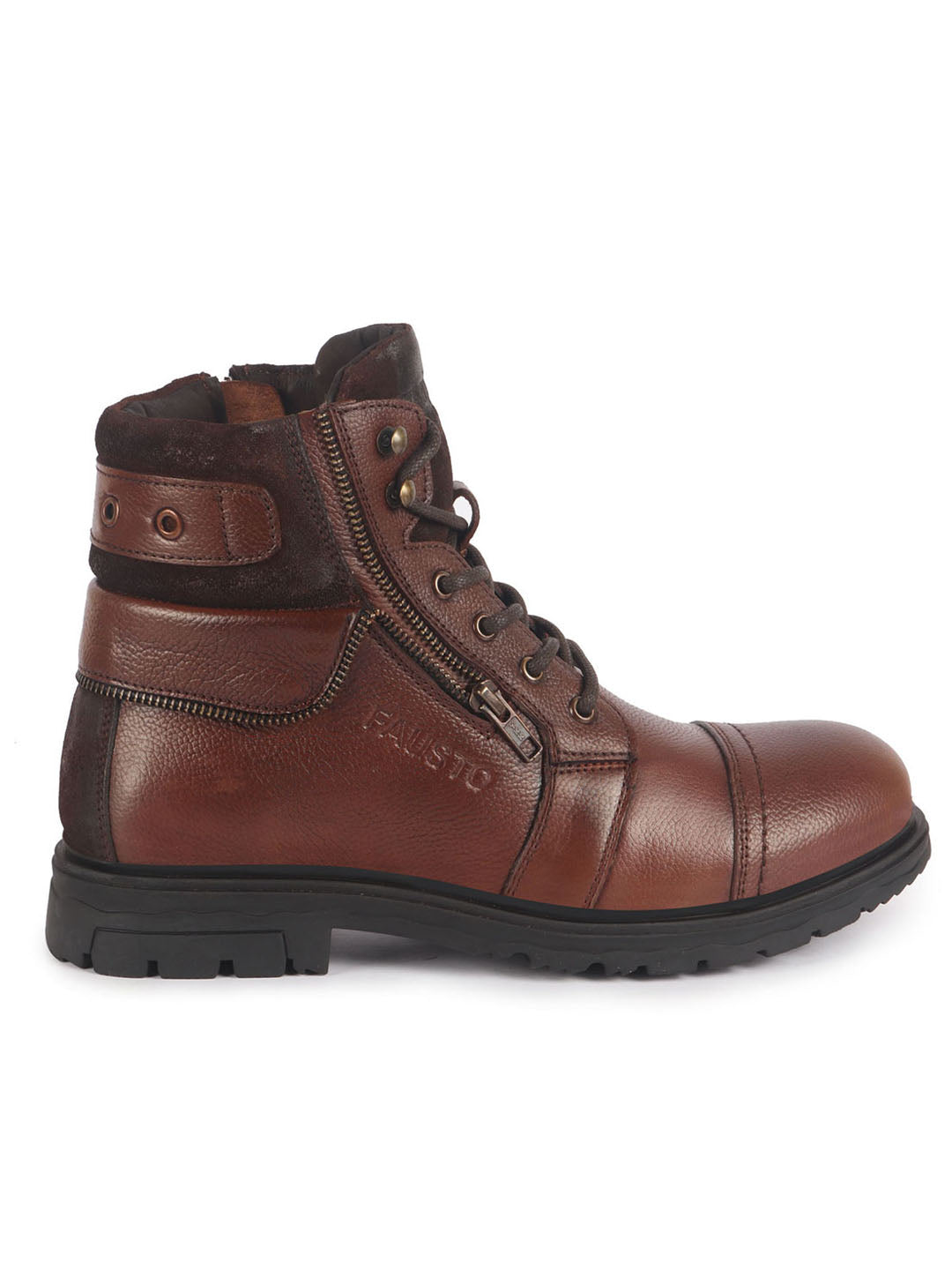 Men Tan Genuine Leather 4-Eye Lace Up High Ankle Side Zipper Stylish Cap Toe Boots for Biking