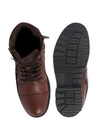 Men Tan Genuine Leather 4-Eye Lace Up High Ankle Side Zipper Stylish Cap Toe Boots for Biking