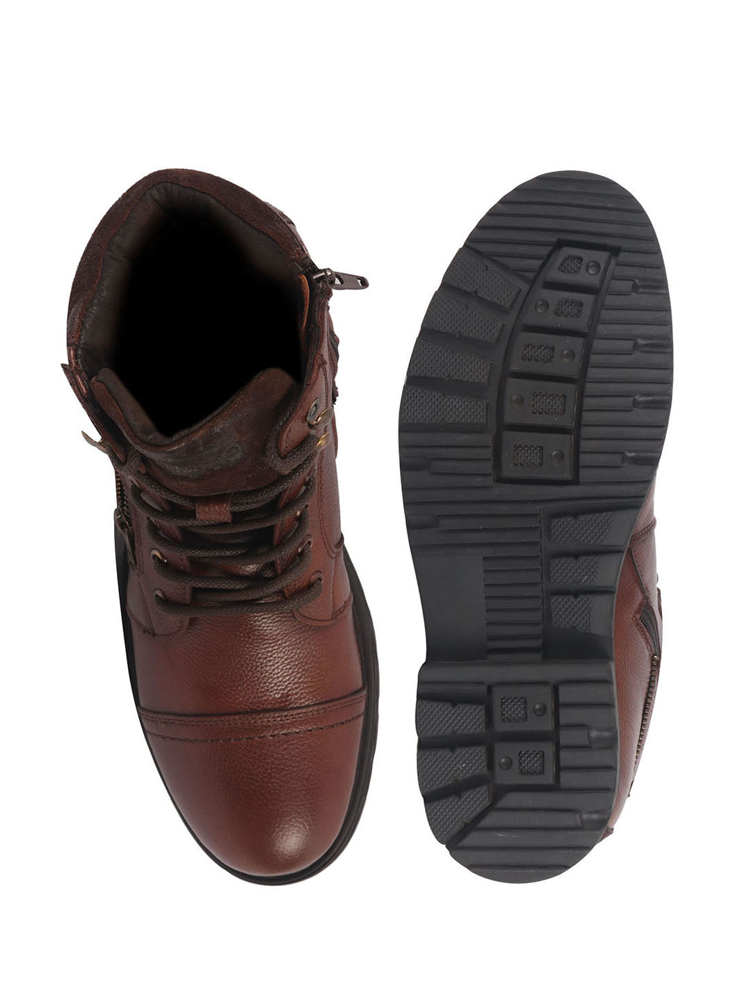 Men Tan Genuine Leather 4-Eye Lace Up High Ankle Side Zipper Stylish Cap Toe Boots for Biking