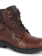 Men Tan Genuine Leather 4-Eye Lace Up High Ankle Side Zipper Stylish Cap Toe Boots for Biking