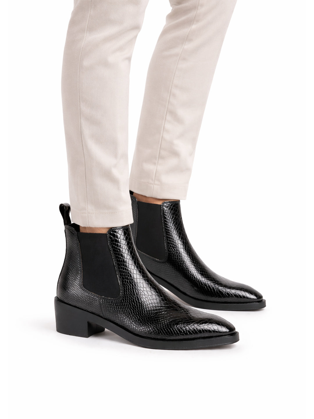 Men Black Textured/Embossed High Ankle Chisel Toe Slip On Chelsea Boot | Stylish, Durable & Comfortable Cuban Boots | Memory Cushioned Insole