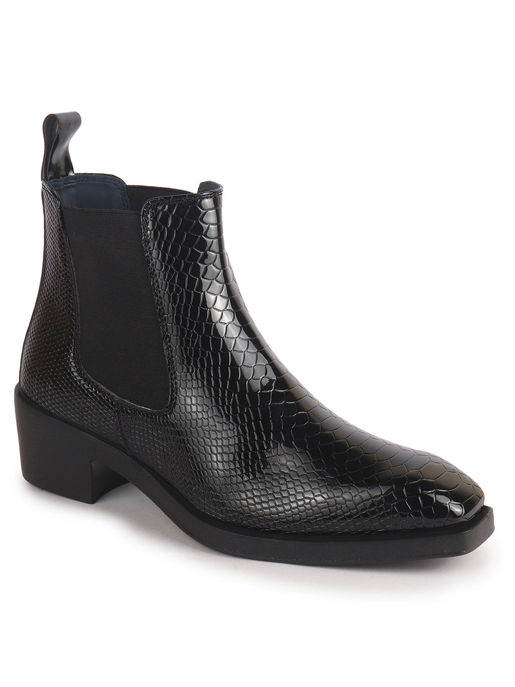 Men Black Textured/Embossed High Ankle Chisel Toe Slip On Chelsea Boot | Stylish, Durable & Comfortable Cuban Boots | Memory Cushioned Insole