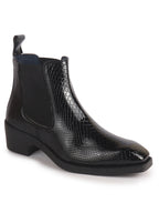 Men Black Textured/Embossed High Ankle Chisel Toe Slip On Chelsea Boot | Stylish, Durable & Comfortable Cuban Boots | Memory Cushioned Insole