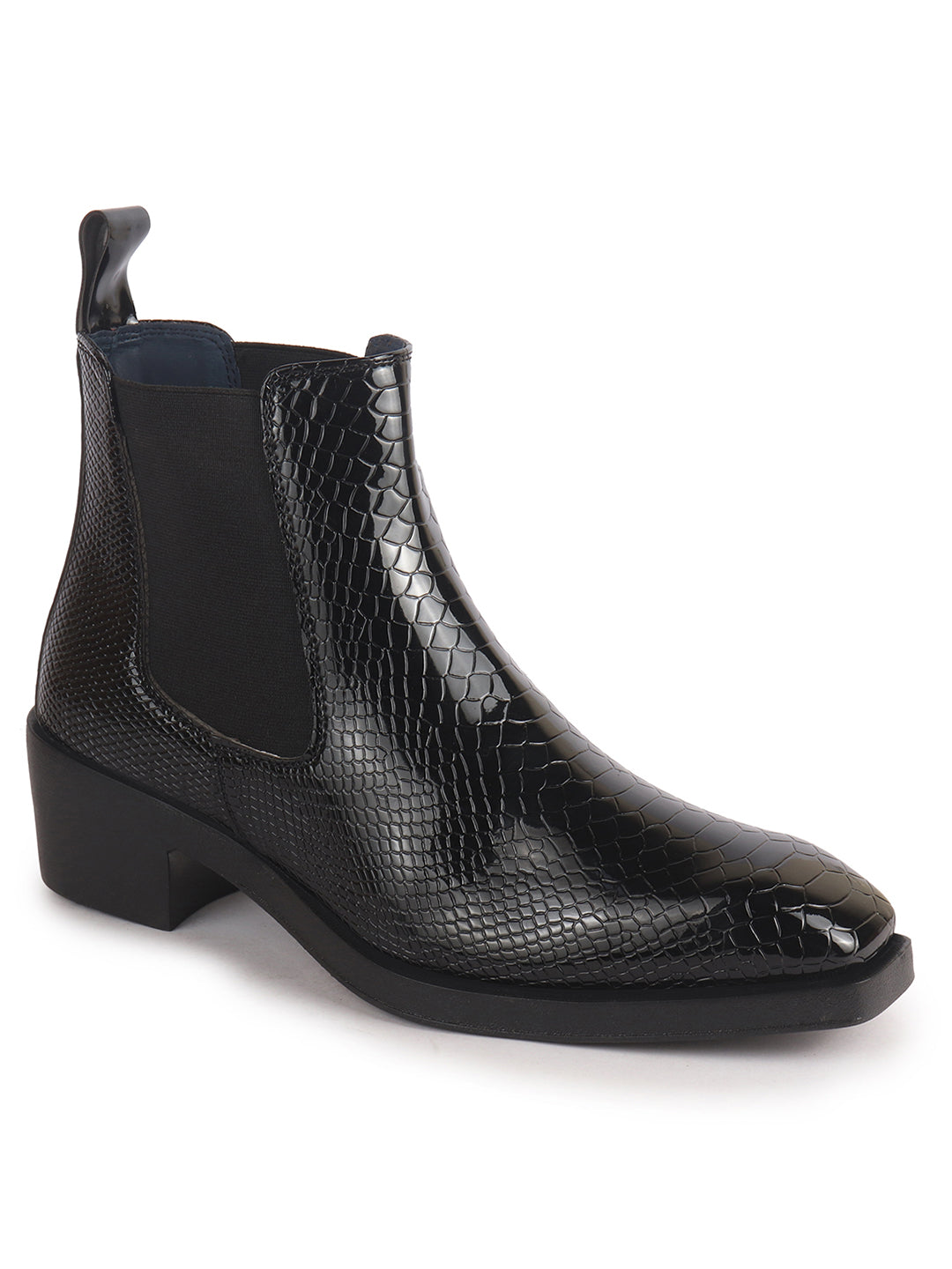 Men Black Textured/Embossed High Ankle Chisel Toe Slip On Chelsea Boot | Stylish, Durable & Comfortable Cuban Boots | Memory Cushioned Insole