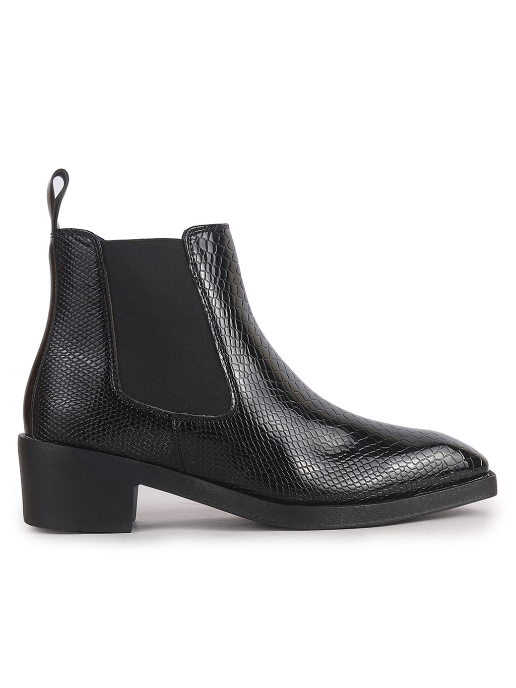 Men Black Textured/Embossed High Ankle Chisel Toe Slip On Chelsea Boot | Stylish, Durable & Comfortable Cuban Boots | Memory Cushioned Insole