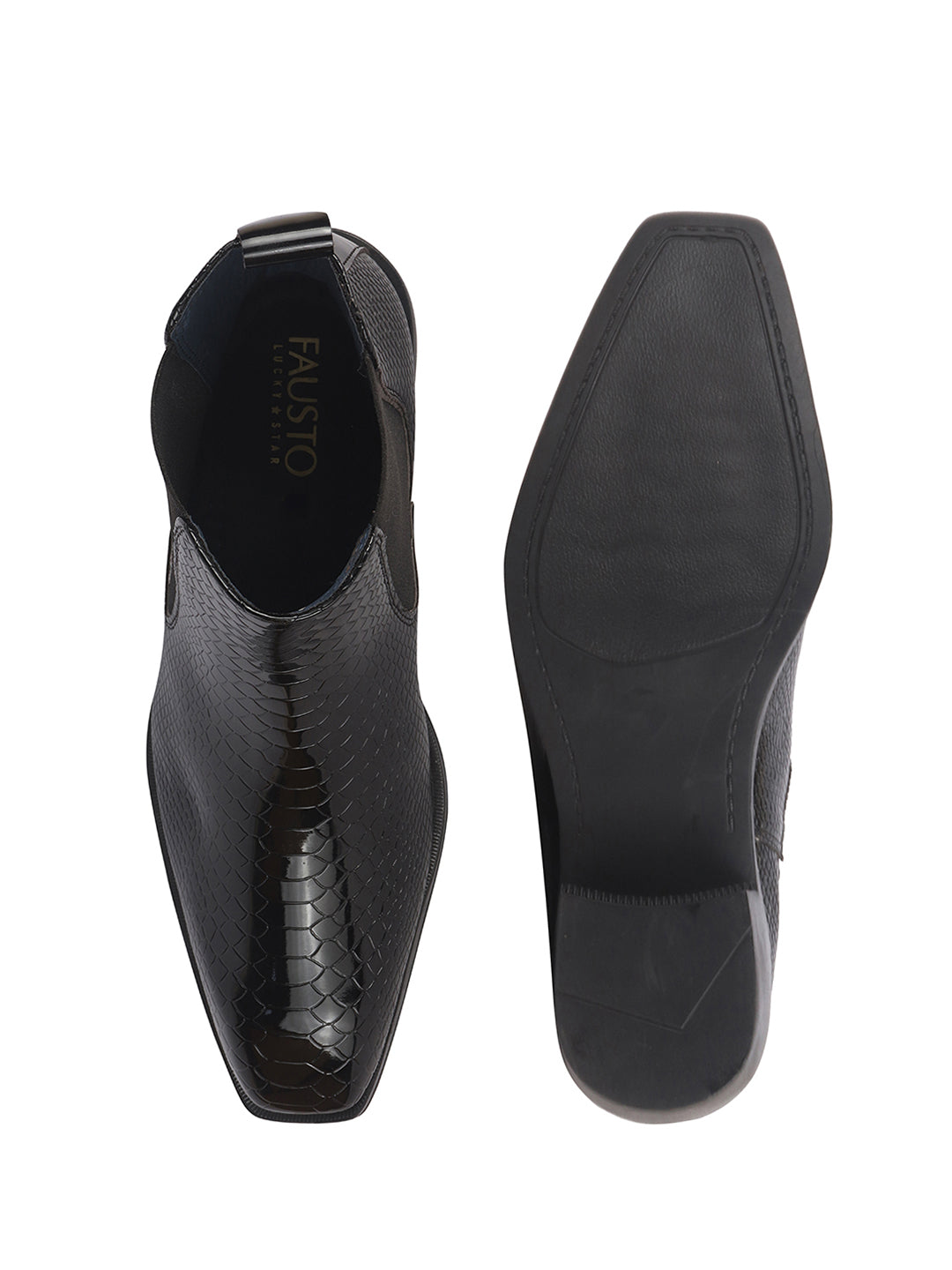 Men Black Textured/Embossed High Ankle Chisel Toe Slip On Chelsea Boot | Stylish, Durable & Comfortable Cuban Boots | Memory Cushioned Insole