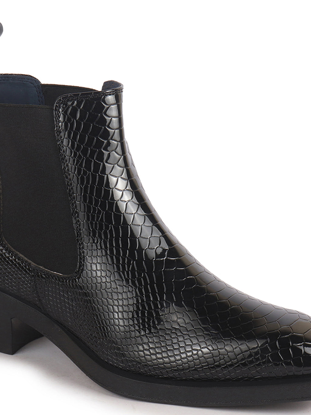 Men Black Textured/Embossed High Ankle Chisel Toe Slip On Chelsea Boot | Stylish, Durable & Comfortable Cuban Boots | Memory Cushioned Insole