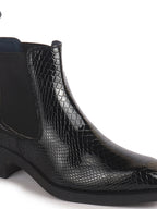 Men Black Textured/Embossed High Ankle Chisel Toe Slip On Chelsea Boot | Stylish, Durable & Comfortable Cuban Boots | Memory Cushioned Insole