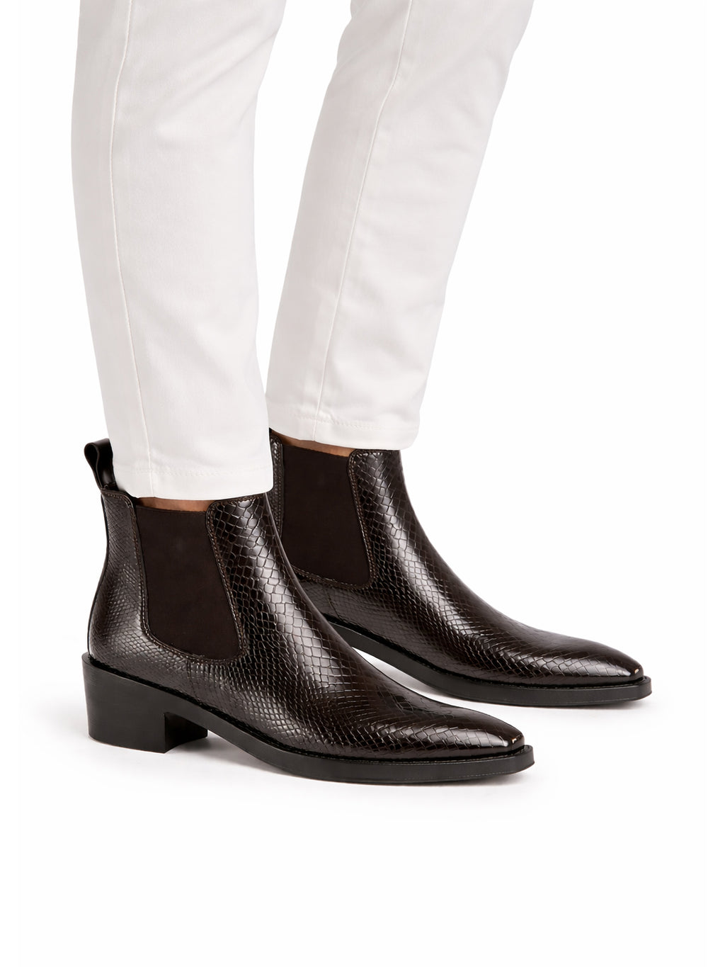 Men Brown Textured/Embossed High Ankle Chisel Toe Slip On Chelsea Boot | Stylish, Durable & Comfortable Cuban Boots | Memory Cushioned Insole