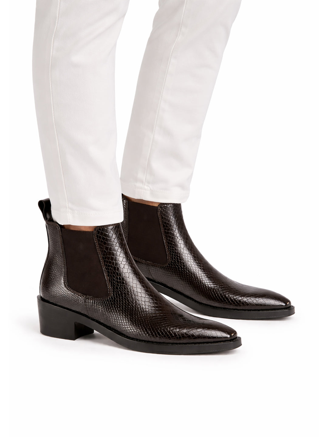 Men Brown Textured/Embossed High Ankle Chisel Toe Slip On Chelsea Boot | Stylish, Durable & Comfortable Cuban Boots | Memory Cushioned Insole
