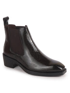 Men Brown Textured/Embossed High Ankle Chisel Toe Slip On Chelsea Boot | Stylish, Durable & Comfortable Cuban Boots | Memory Cushioned Insole
