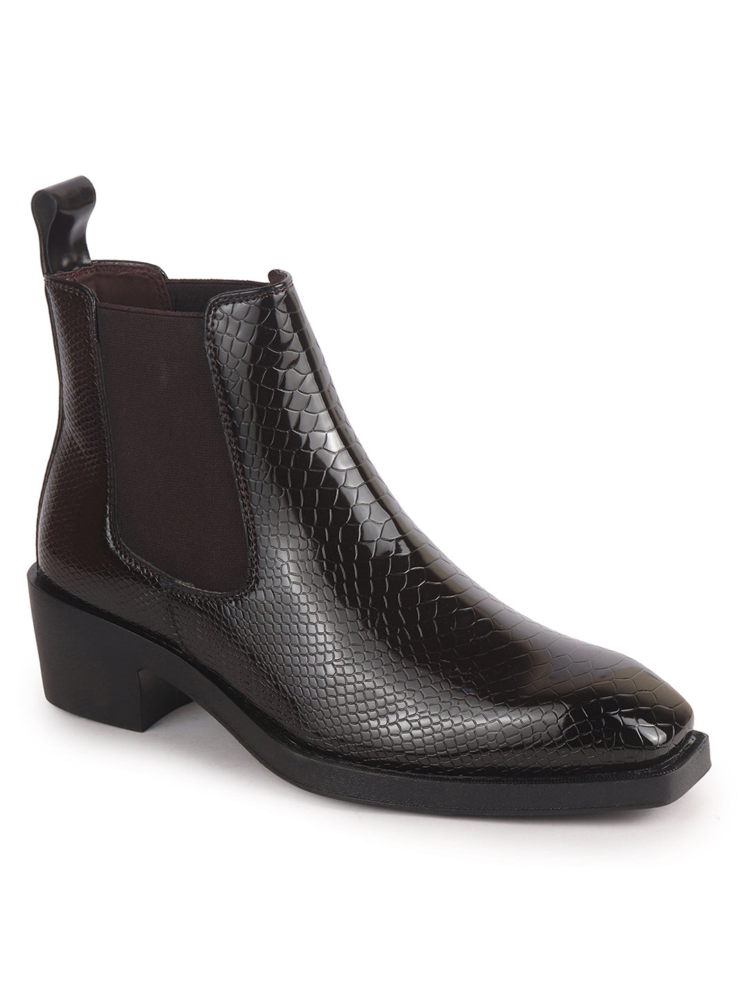 Men Brown Textured/Embossed High Ankle Chisel Toe Slip On Chelsea Boot | Stylish, Durable & Comfortable Cuban Boots | Memory Cushioned Insole