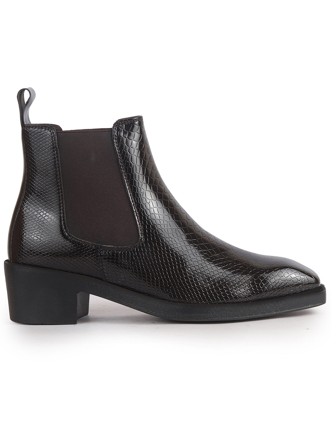 Men Brown Textured/Embossed High Ankle Chisel Toe Slip On Chelsea Boot | Stylish, Durable & Comfortable Cuban Boots | Memory Cushioned Insole
