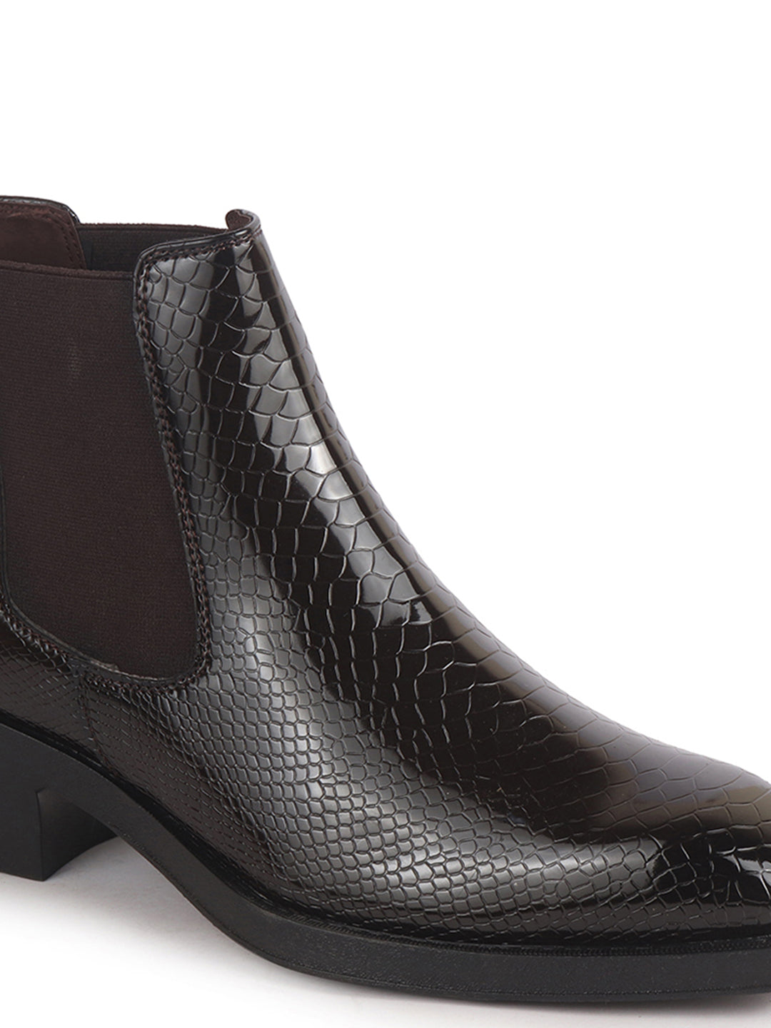 Men Brown Textured/Embossed High Ankle Chisel Toe Slip On Chelsea Boot | Stylish, Durable & Comfortable Cuban Boots | Memory Cushioned Insole