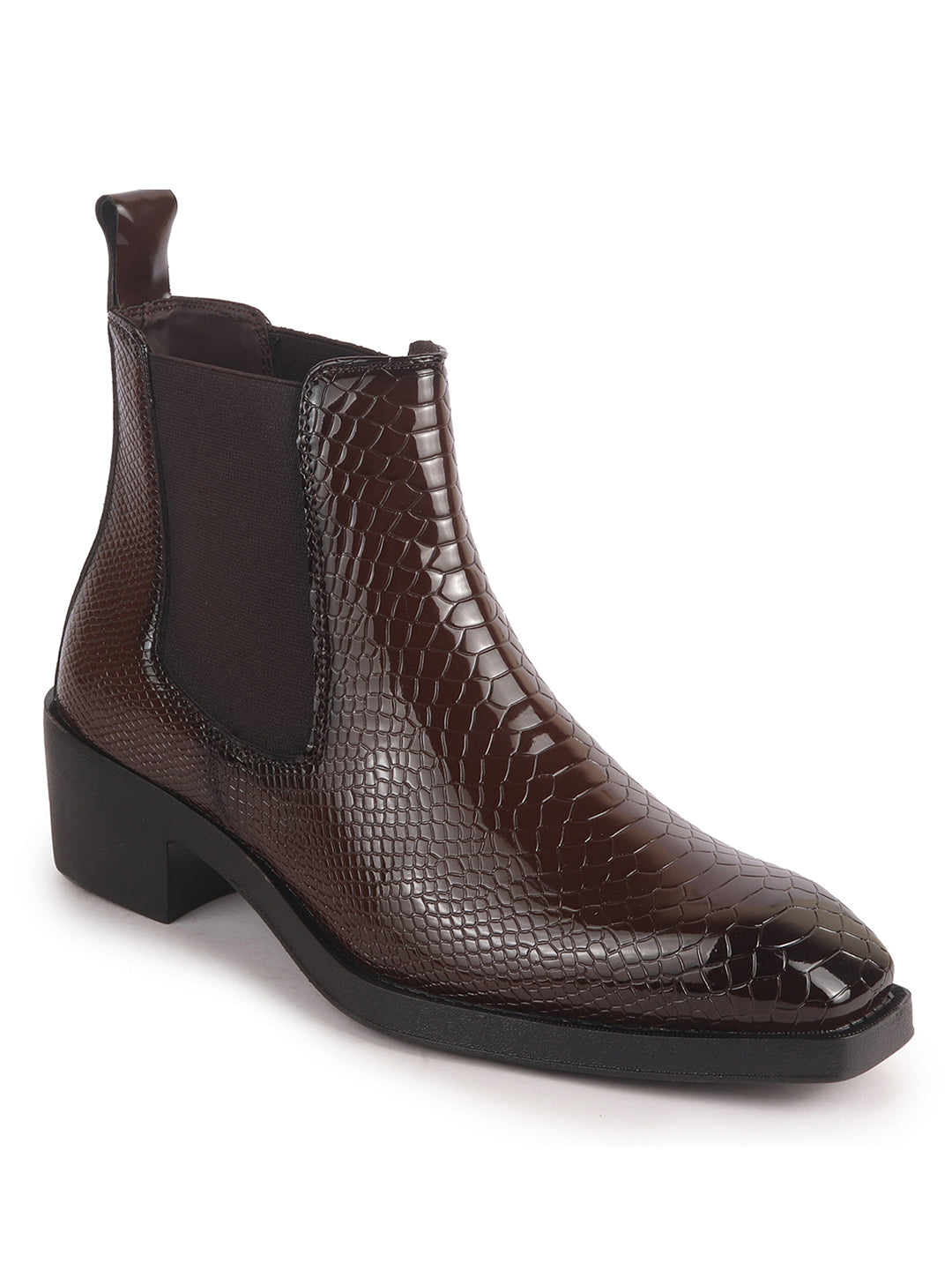 Men Tan Textured/Embossed High Ankle Chisel Toe Slip On Chelsea Boot | Stylish, Durable & Comfortable Cuban Boots | Memory Cushioned Insole