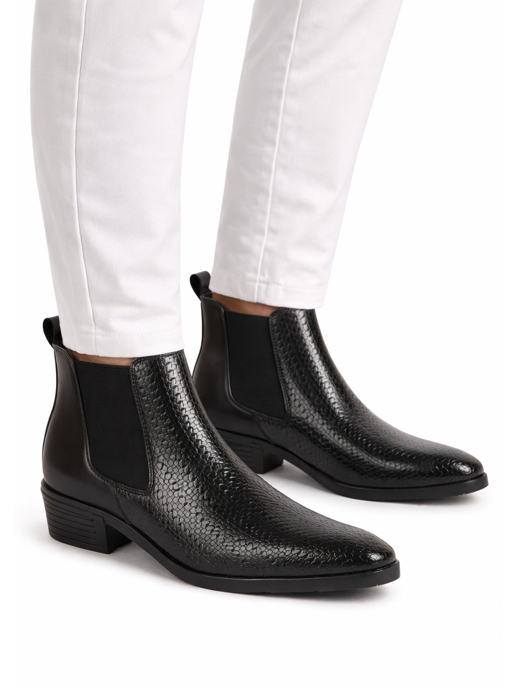 Men Black Textured/Embossed High Ankle Slip On Chisel Toe Chelsea Boot with Block Heel | Office Casual, Biking Winter Boot with Extra Comfort Memory Cushioned Insole