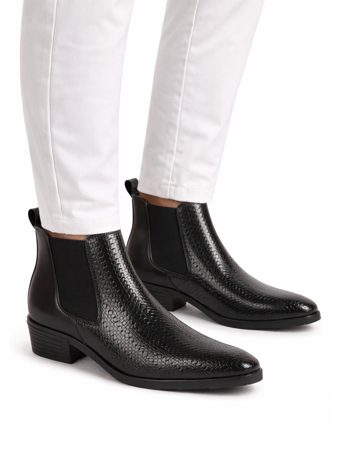 Men Black Textured/Embossed High Ankle Slip On Chisel Toe Chelsea Boot with Block Heel | Office Casual, Biking Winter Boot with Extra Comfort Memory Cushioned Insole