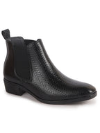 Men Black Textured/Embossed High Ankle Slip On Chisel Toe Chelsea Boot with Block Heel | Office Casual, Biking Winter Boot with Extra Comfort Memory Cushioned Insole