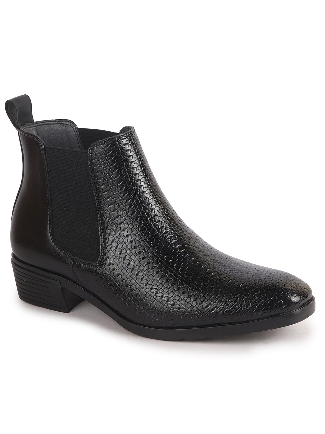 Men Black Textured/Embossed High Ankle Slip On Chisel Toe Chelsea Boot with Block Heel | Office Casual, Biking Winter Boot with Extra Comfort Memory Cushioned Insole