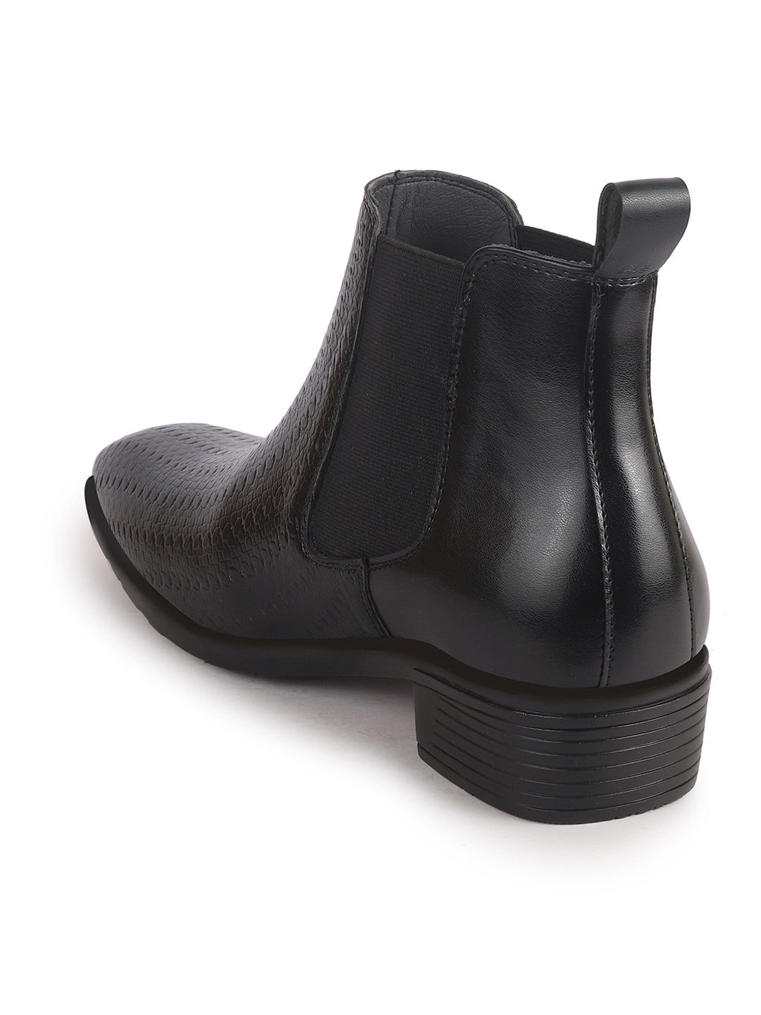 Men Black Textured/Embossed High Ankle Slip On Chisel Toe Chelsea Boot with Block Heel | Office Casual, Biking Winter Boot with Extra Comfort Memory Cushioned Insole