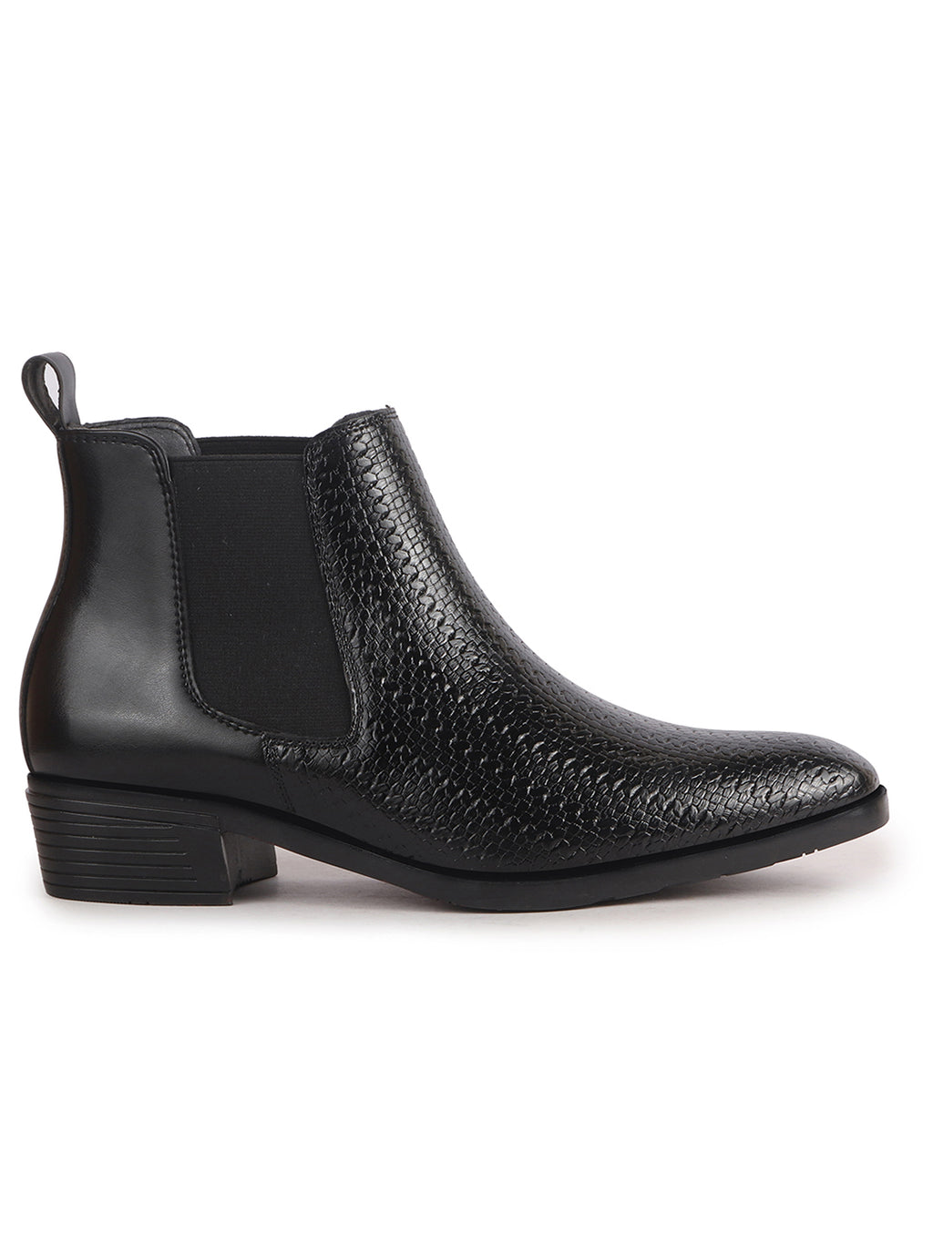 Men Black Textured/Embossed High Ankle Slip On Chisel Toe Chelsea Boot with Block Heel | Office Casual, Biking Winter Boot with Extra Comfort Memory Cushioned Insole